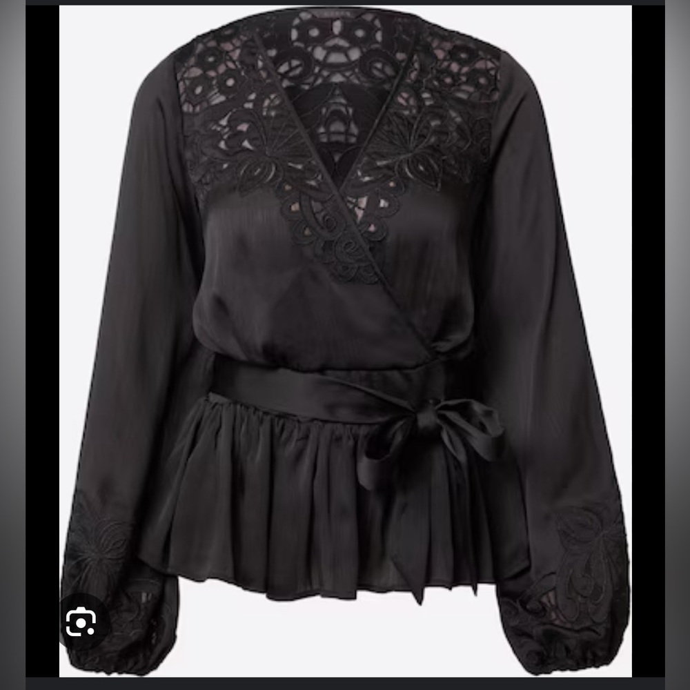 GUESS La Adora Embroidered Wrap Top Blouse – Black, Size Small, NWT